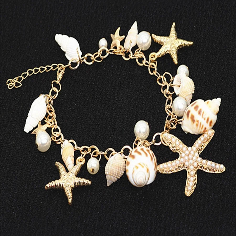 Gold Color Metal Starfish Conch Charm Women Bracelet Imitation Pearl Natural Conch Cute Summer Bracelet Y2K Fashion Jewelry Leedoar