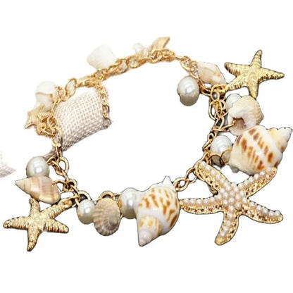 Gold Color Metal Starfish Conch Charm Women Bracelet Imitation Pearl Natural Conch Cute Summer Bracelet Y2K Fashion Jewelry Leedoar