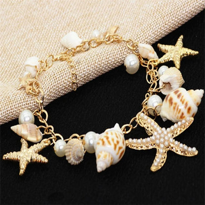 Gold Color Metal Starfish Conch Charm Women Bracelet Imitation Pearl Natural Conch Cute Summer Bracelet Y2K Fashion Jewelry Leedoar