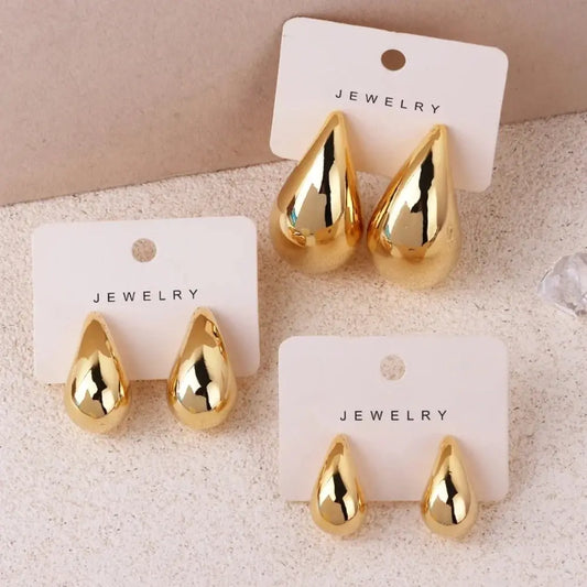 Gold Color Water Drop Earring Stud Simple Design Ins Women Post Earrings 3 Size Available Silver Color Big Surface Girls Jewelry Leedoar