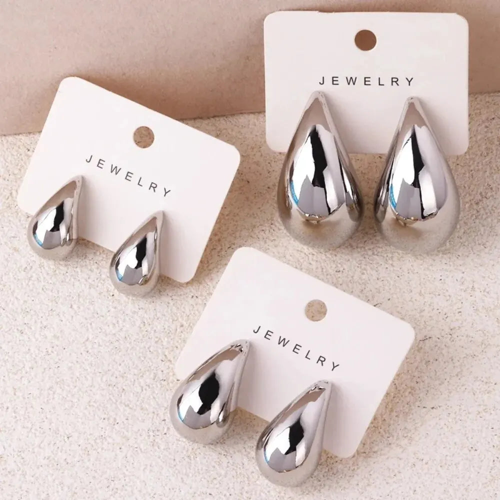 Gold Color Water Drop Earring Stud Simple Design Ins Women Post Earrings 3 Size Available Silver Color Big Surface Girls Jewelry Leedoar
