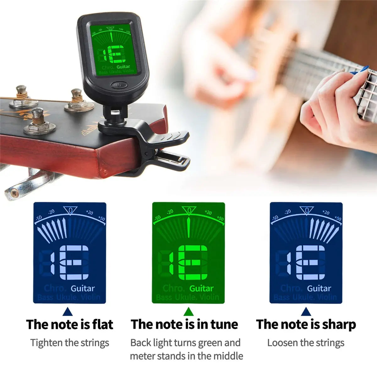 Afinador de guitarra para todos los instrumentos Afinador electrónico con clip para guitarra Bajo Ukelele Violín Mandolina Banjo 