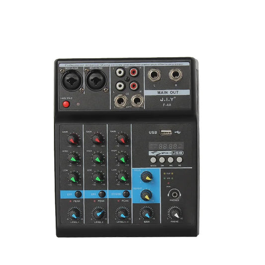 A4 Sound Mixing Console Bluetooth Record Reprodução de computador 48V Phantom Power Delay Efeito de repetição 4 canais USB Audio Mixe