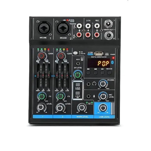 Mezclador profesional de 4 canales para computadora, grabación en escenario, tarjeta de sonido USB, tonos altos y bajos, controladores de DJ con Bluetooth, procesadores de efectos