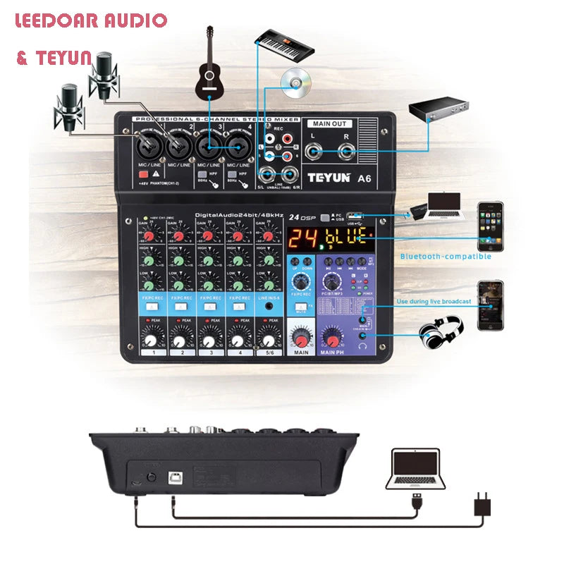 TEYUN 8 6 4 Channel Professional Portable Mixer Sound Mixing Console Computer Input 48v Power Number Live Broadcast A4 A6 A8 New Leedoar