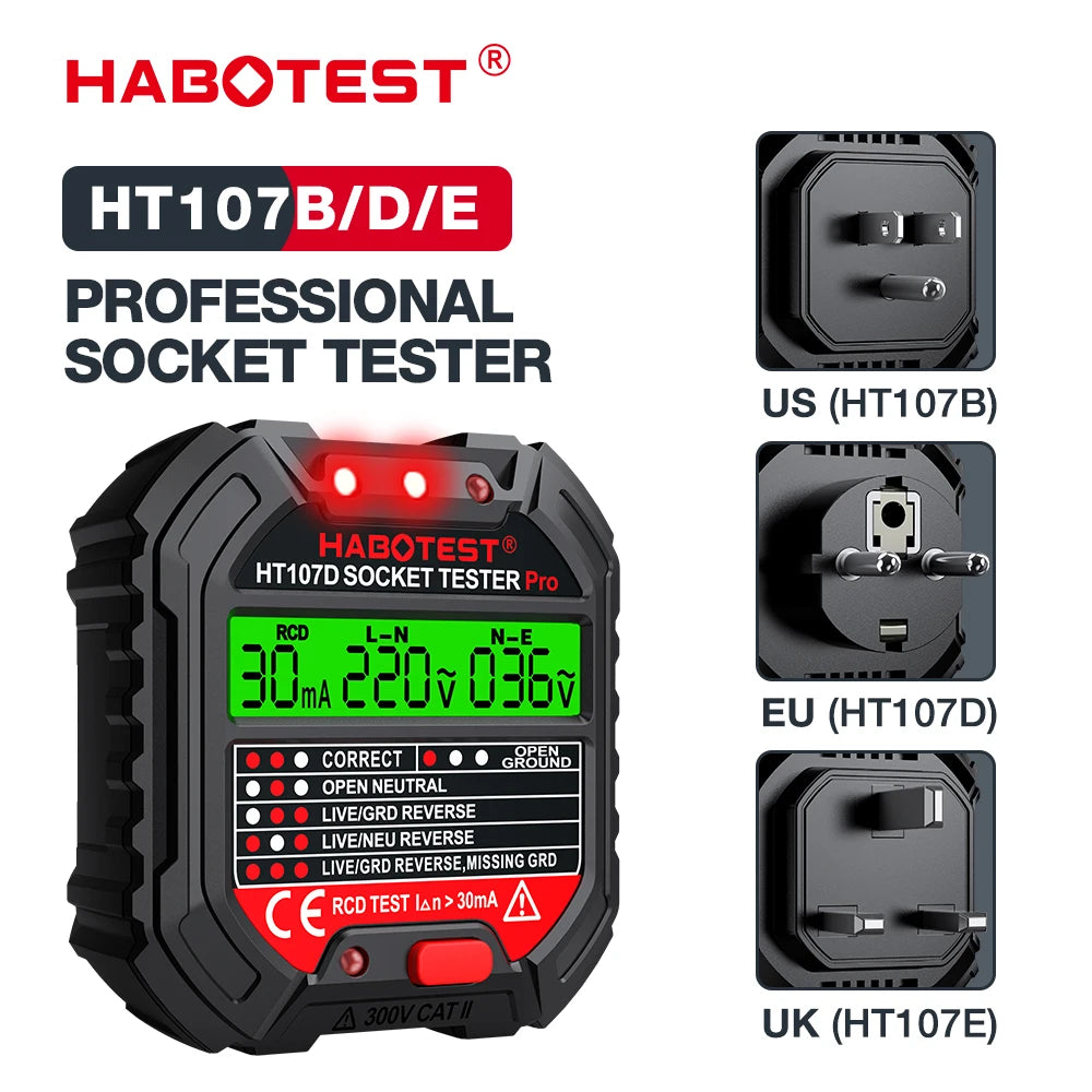 HABOTEST HT107 Socket Tester Pro Voltage Test RCD 30mA Socket Detector UK EU Plug Ground Zero Line Plug Polarity Phase Check Leedoar