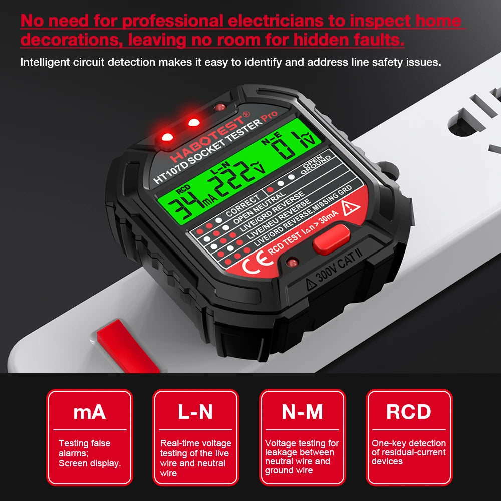 HABOTEST HT107 Socket Tester Pro Voltage Test RCD 30mA Socket Detector UK EU Plug Ground Zero Line Plug Polarity Phase Check Leedoar