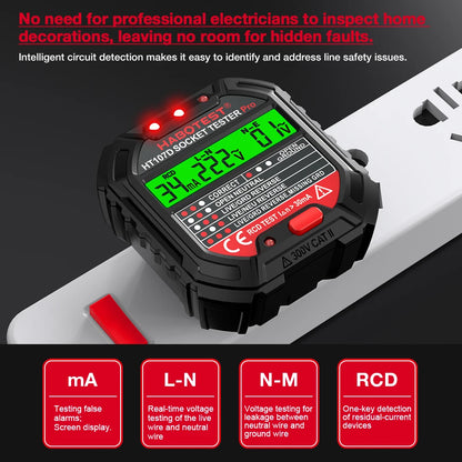 HABOTEST HT107 Socket Tester Pro Voltage Test RCD 30mA Socket Detector UK EU Plug Ground Zero Line Plug Polarity Phase Check Leedoar