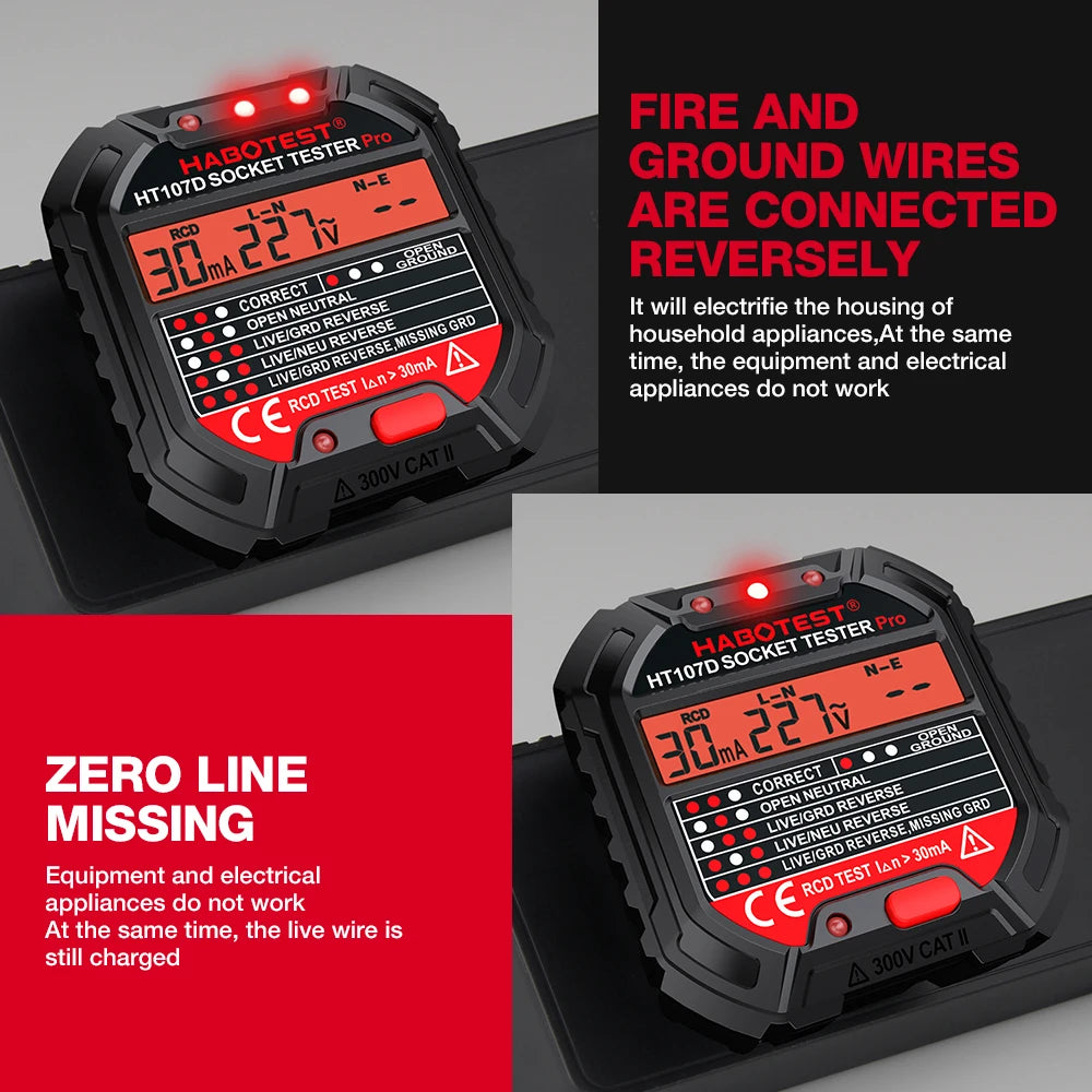HABOTEST HT107 Socket Tester Pro Voltage Test RCD 30mA Socket Detector UK EU Plug Ground Zero Line Plug Polarity Phase Check Leedoar