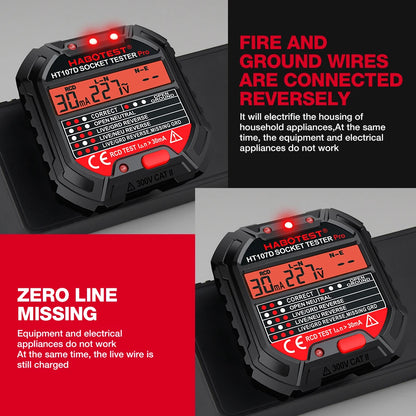 HABOTEST HT107 Socket Tester Pro Voltage Test RCD 30mA Socket Detector UK EU Plug Ground Zero Line Plug Polarity Phase Check Leedoar