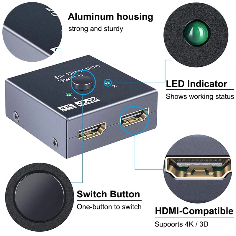 HD 4K 60Hz Bidirectional Switcher HDMI-compatible Switcher 2 in 1 out 1X2 Distribution for PC Laptop Projector Leedoar