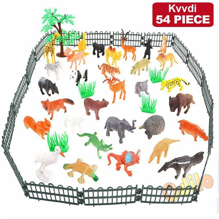 54 Pcs Mini Jungle Animal Toys Set  Realistic Wild Plastic Animals Learning Toys Elephant Gazelle Giraffe Gnu Gorilla Lion Tiger Leedoar