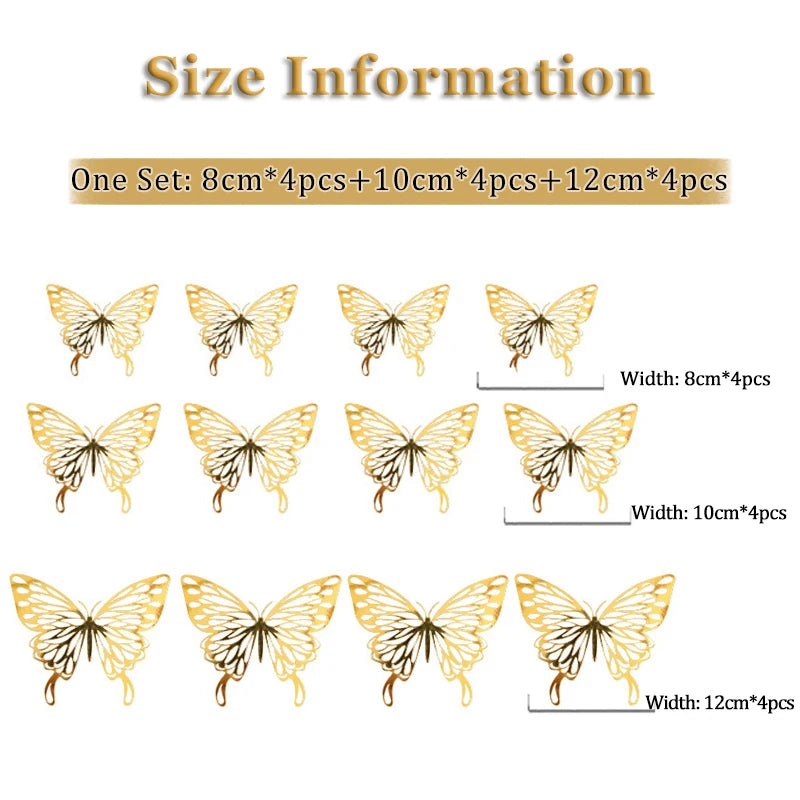 12Pcs/lot New 3D Hollow Golden Silver Butterfly Wall Stickers Art Home Decorations Wall Decals for Party Wedding Display Shop Leedoar