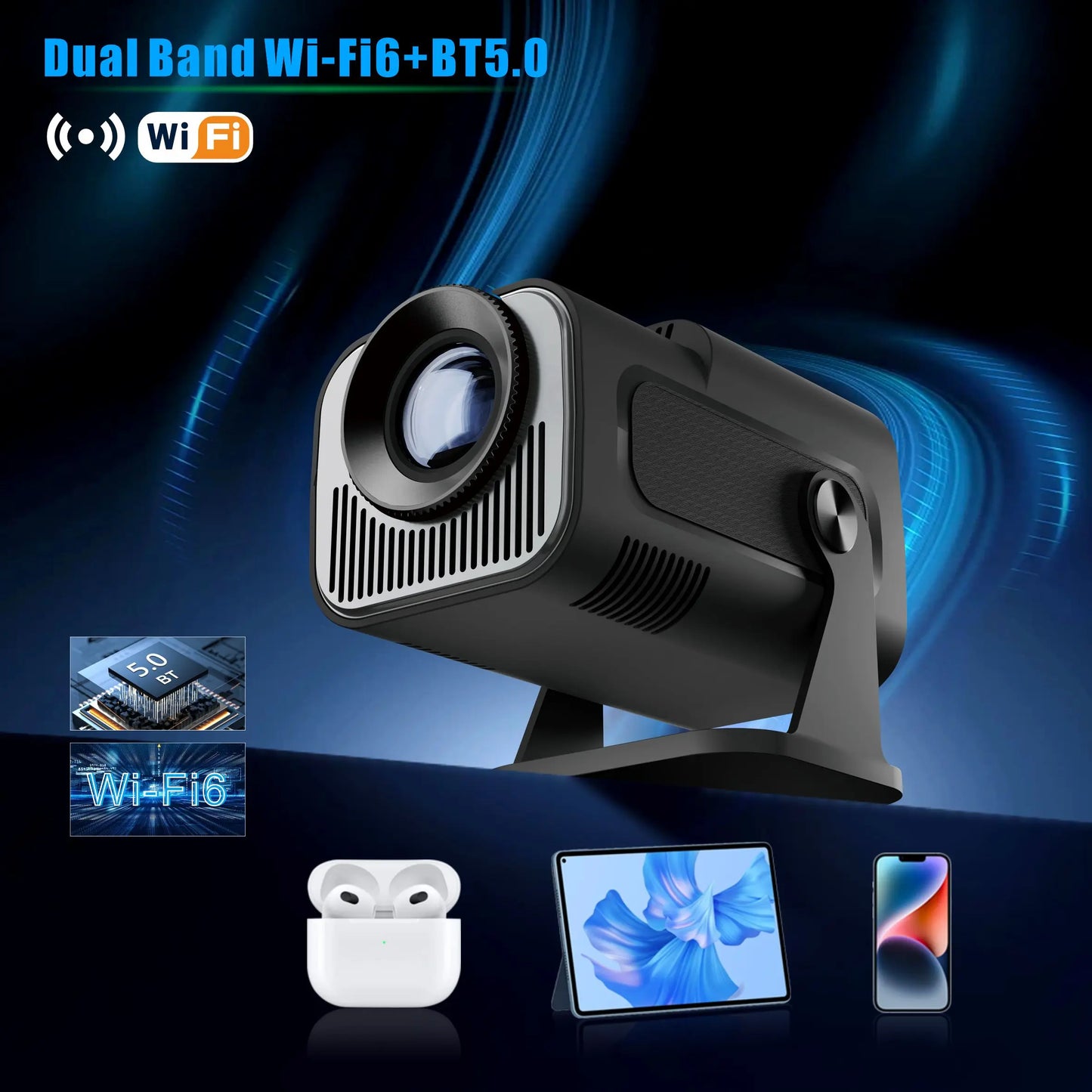 HY-320Mini Portable Newly Native 720P Allwinner H713 Android11 4K Projector 320ANSI Wifi6 BT5.0 Cinema Outdoor Rotable Projector Leedoar