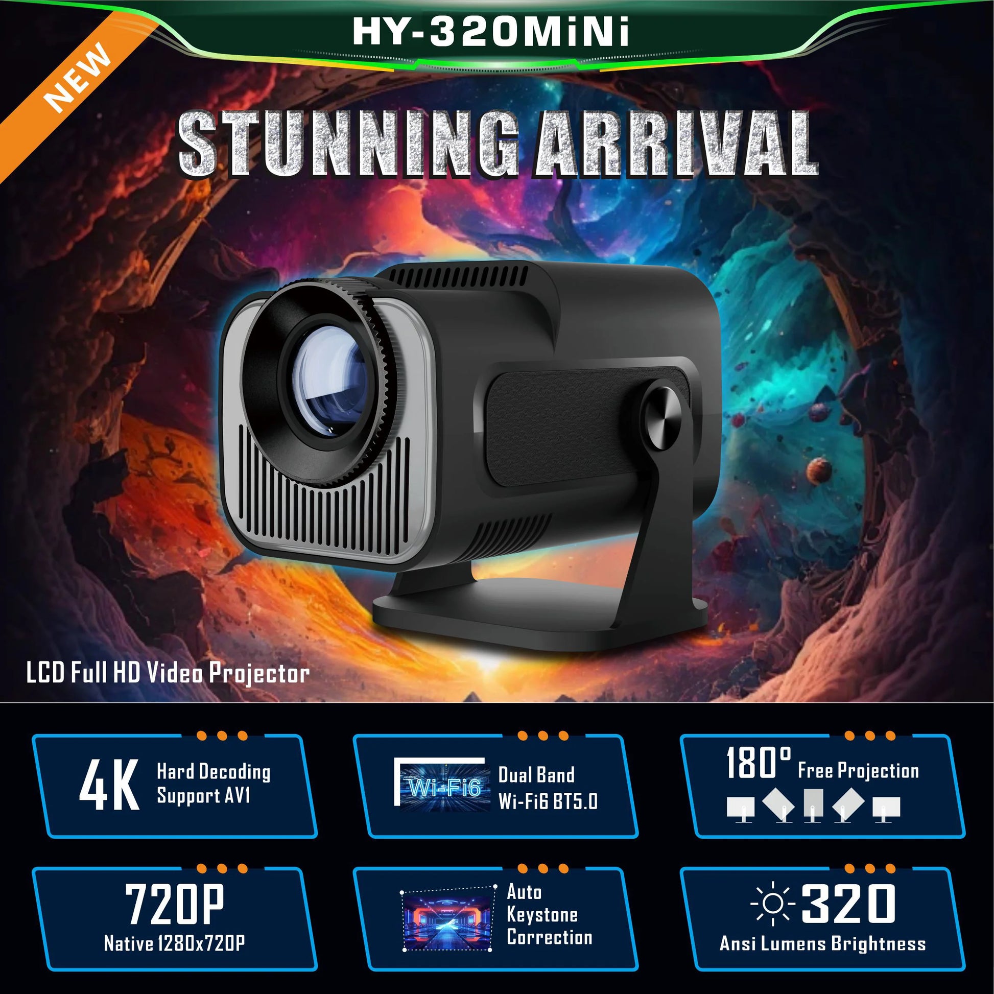 HY-320Mini Portable Newly Native 720P Allwinner H713 Android11 4K Projector 320ANSI Wifi6 BT5.0 Cinema Outdoor Rotable Projector Leedoar