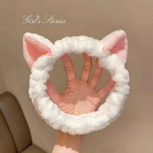 Diadema de gato de peluche de coral, bonita y suave diadema con lazo para el pelo, diadema para lavarse la cara, diadema de maquillaje, accesorios para niña 