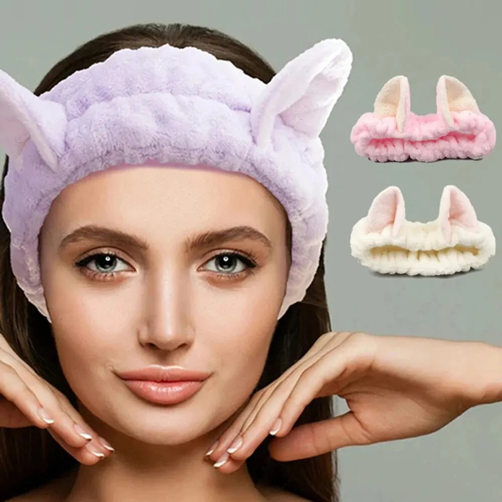 Diadema de gato de peluche de coral, bonita y suave diadema con lazo para el pelo, diadema para lavarse la cara, diadema de maquillaje, accesorios para niña 