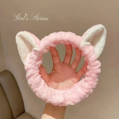 Diadema de gato de peluche de coral, bonita y suave diadema con lazo para el pelo, diadema para lavarse la cara, diadema de maquillaje, accesorios para niña 