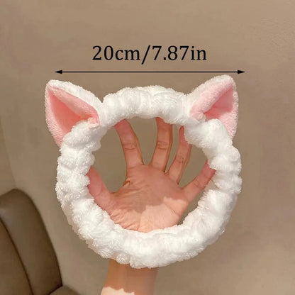 Diadema de gato de peluche de coral, bonita y suave diadema con lazo para el pelo, diadema para lavarse la cara, diadema de maquillaje, accesorios para niña 