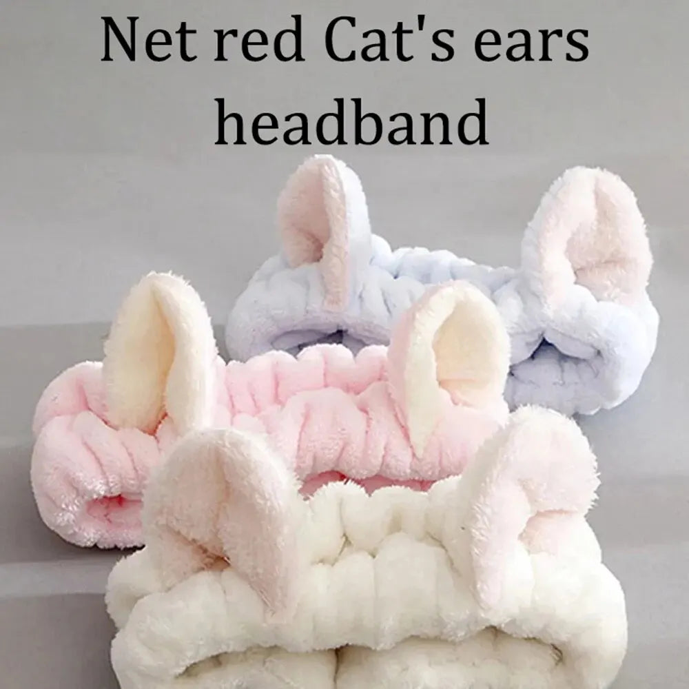 Diadema de gato de peluche de coral, bonita y suave diadema con lazo para el pelo, diadema para lavarse la cara, diadema de maquillaje, accesorios para niña 