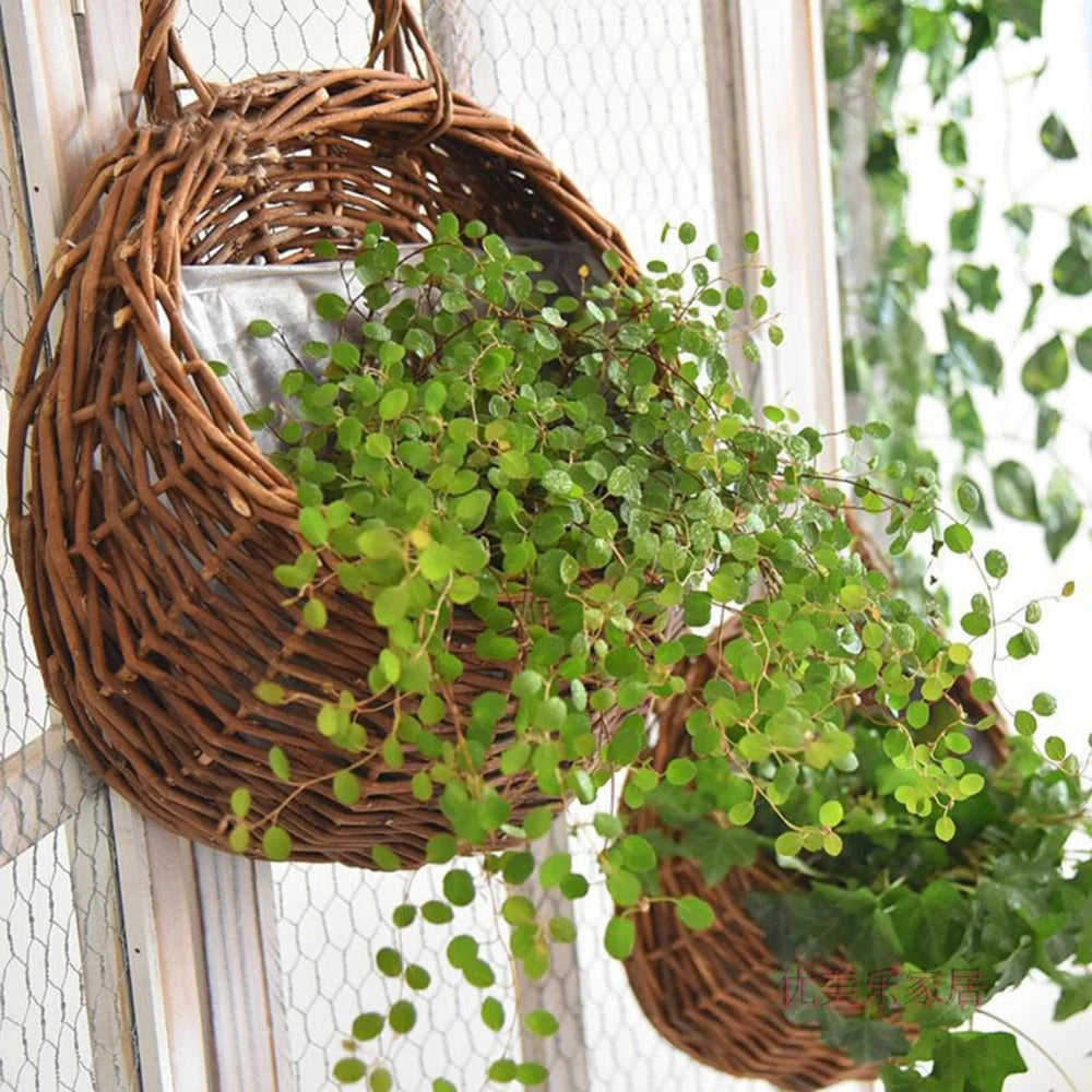 Hand Made Wicker Rattan Flower Planter Wall Hanging Wicker Rattam Basket Garden Vine Pot Plants Holder Garden Pots Wall Planter Leedoar