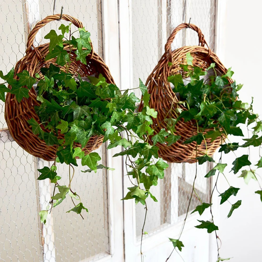 Hand Made Wicker Rattan Flower Planter Wall Hanging Wicker Rattam Basket Garden Vine Pot Plants Holder Garden Pots Wall Planter Leedoar