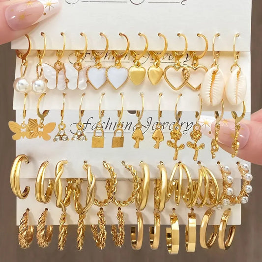 Heart Pearl Dangle Earrings Set Metal Gold Color Butterfly Locks Earrings for Women Shell Trendy Jewelry Hoop Earrings 2024 Leedoar