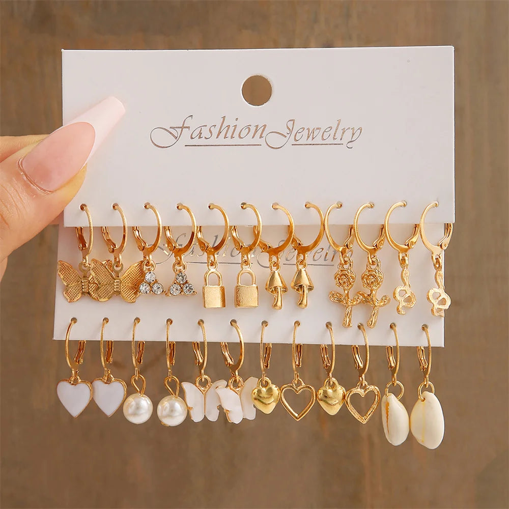 Heart Pearl Dangle Earrings Set Metal Gold Color Butterfly Locks Earrings for Women Shell Trendy Jewelry Hoop Earrings 2024 Leedoar