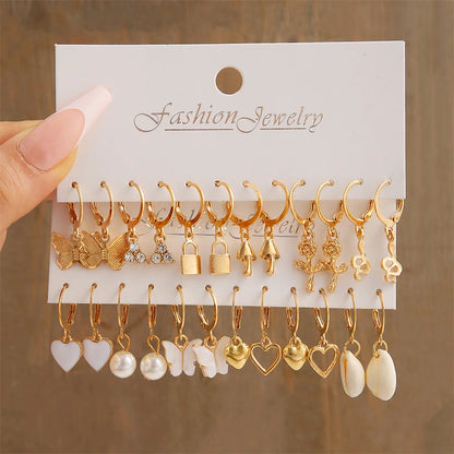 Heart Pearl Dangle Earrings Set Metal Gold Color Butterfly Locks Earrings for Women Shell Trendy Jewelry Hoop Earrings 2024 Leedoar