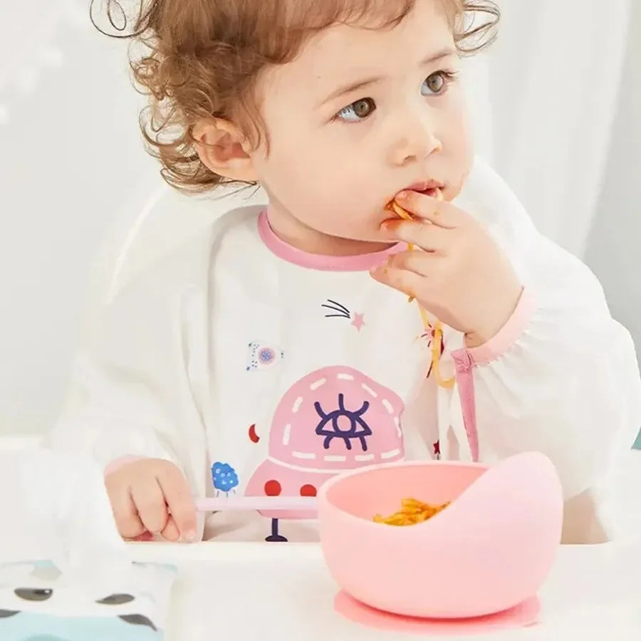 High Quality Spill-Proof Silicone Feeding Bowl Baby Dishes Kid Dinner Spoon Food Grade Silicone Baby Silicone Tableware Leedoar