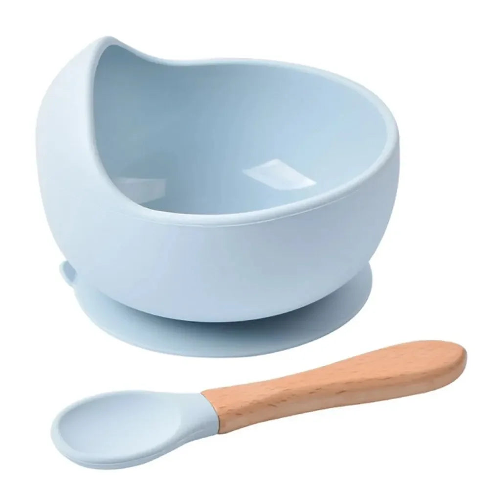 High Quality Spill-Proof Silicone Feeding Bowl Baby Dishes Kid Dinner Spoon Food Grade Silicone Baby Silicone Tableware Leedoar