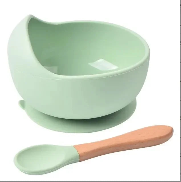 High Quality Spill-Proof Silicone Feeding Bowl Baby Dishes Kid Dinner Spoon Food Grade Silicone Baby Silicone Tableware Leedoar