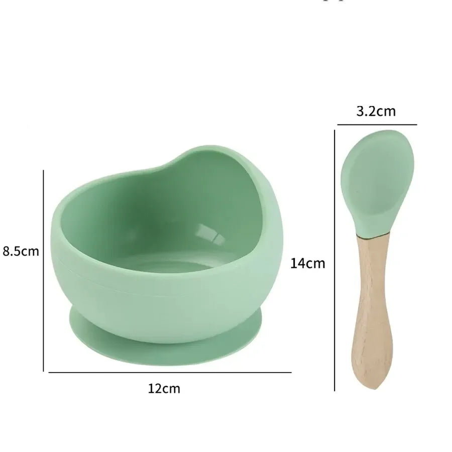 High Quality Spill-Proof Silicone Feeding Bowl Baby Dishes Kid Dinner Spoon Food Grade Silicone Baby Silicone Tableware Leedoar