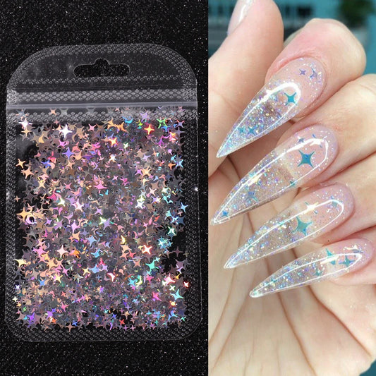 Holographic Star Four-pointed Star Nail Paillettes Sparkly Laser Design Sequin Charm Glitter Flake Shinning Manicure Decor Slice Leedoar