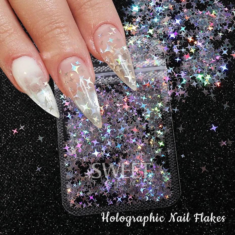 Estrela holográfica, estrela de quatro pontas, lantejoulas, design a laser brilhante, lantejoulas, glitter, flocos, decoração de manicure brilhante, fatia 