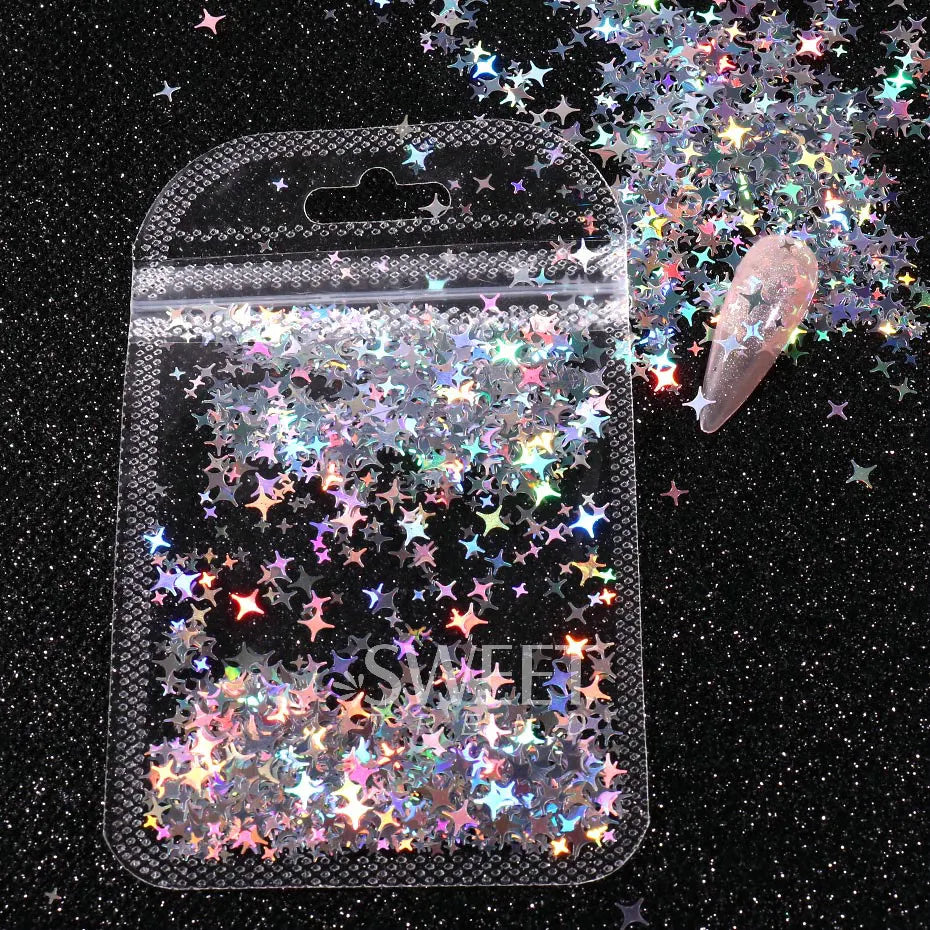 Estrela holográfica, estrela de quatro pontas, lantejoulas, design a laser brilhante, lantejoulas, glitter, flocos, decoração de manicure brilhante, fatia 