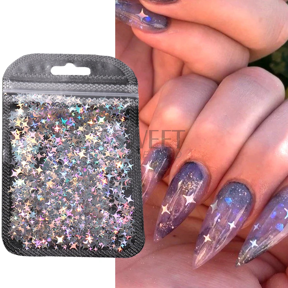 Estrela holográfica, estrela de quatro pontas, lantejoulas, design a laser brilhante, lantejoulas, glitter, flocos, decoração de manicure brilhante, fatia 