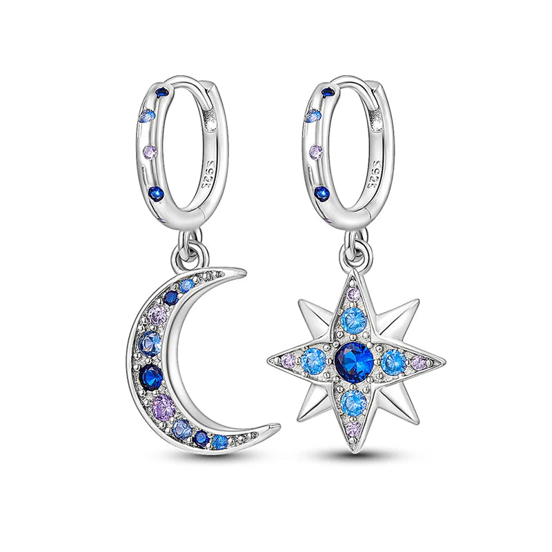 Hot Sale Fashion 925 Silver Color Earrings Blue Zircon Stars Moon Irregularity Earrings For Woman Fine Birthday Jewelry Gifts Leedoar