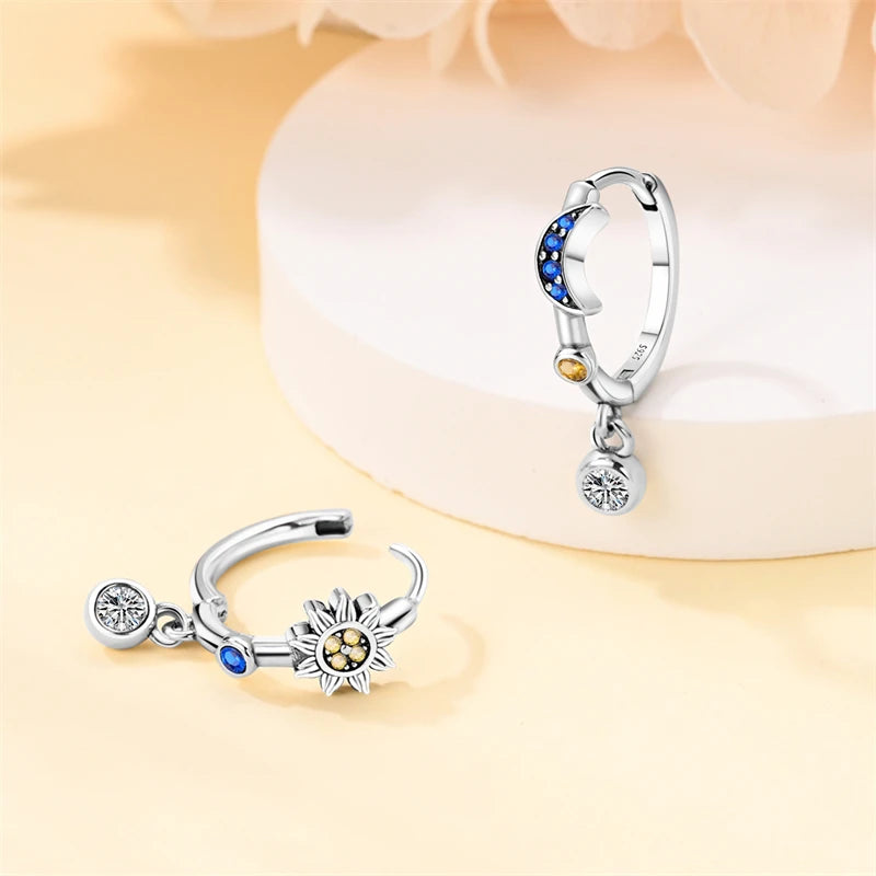 Hot Sale Fashion 925 Silver Color Earrings Blue Zircon Stars Moon Irregularity Earrings For Woman Fine Birthday Jewelry Gifts Leedoar