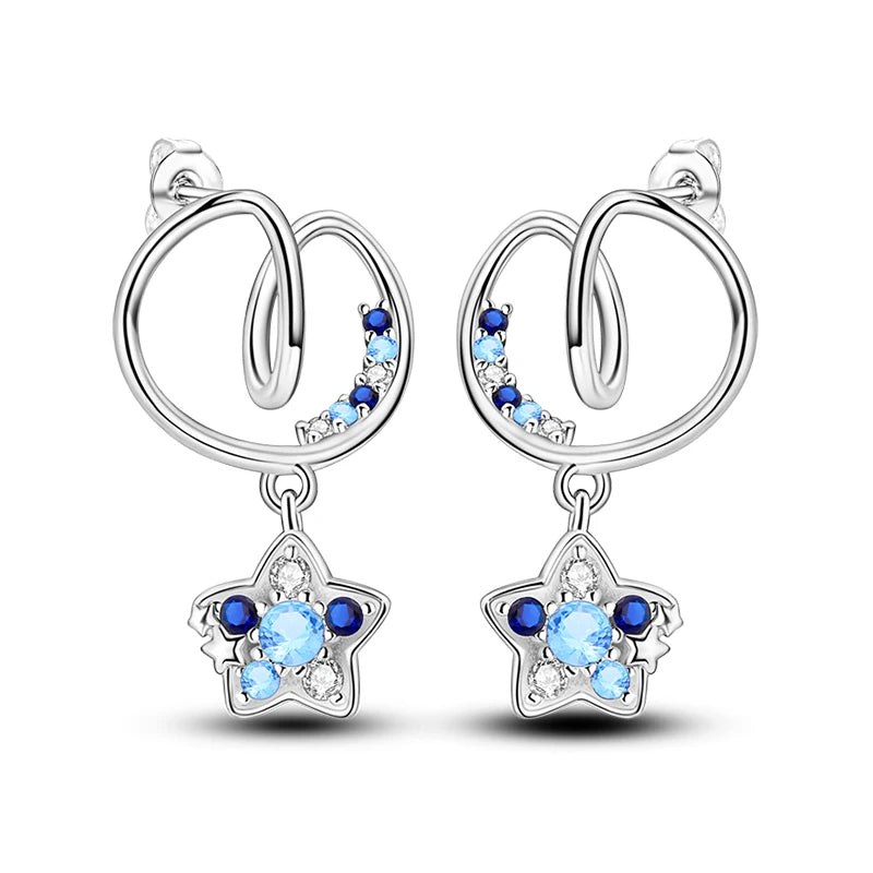 Hot Sale Fashion 925 Silver Color Earrings Blue Zircon Stars Moon Irregularity Earrings For Woman Fine Birthday Jewelry Gifts Leedoar
