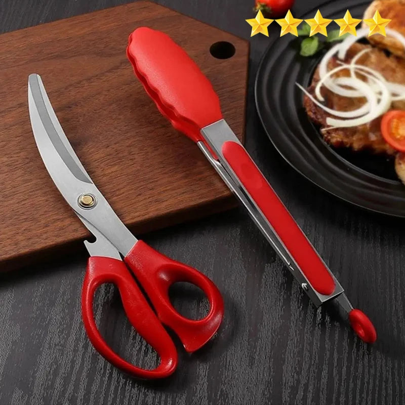 [Hot Sales] Stainless Steel Barbecue Scissors Clip Set Kitchen Tools Silicon Food Clip Scissors Outdoor Camping Barbecue Set Leedoar