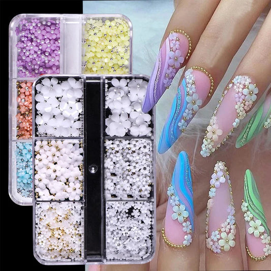 Hot Selling 6 Grids Macaron 3D Resin Five-petal Flowers Nail Art Deaoration Mixed Small Nail Ball/Crystal/Flamer Accessories Leedoar