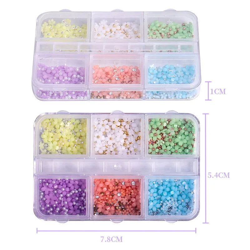 Hot Selling 6 Grids Macaron 3D Resin Five-petal Flowers Nail Art Deaoration Mixed Small Nail Ball/Crystal/Flamer Accessories Leedoar