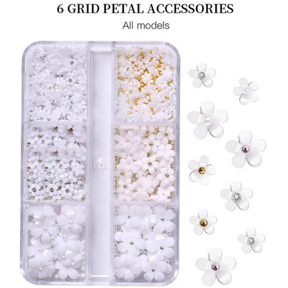 Hot Selling 6 Grids Macaron 3D Resin Five-petal Flowers Nail Art Deaoration Mixed Small Nail Ball/Crystal/Flamer Accessories Leedoar