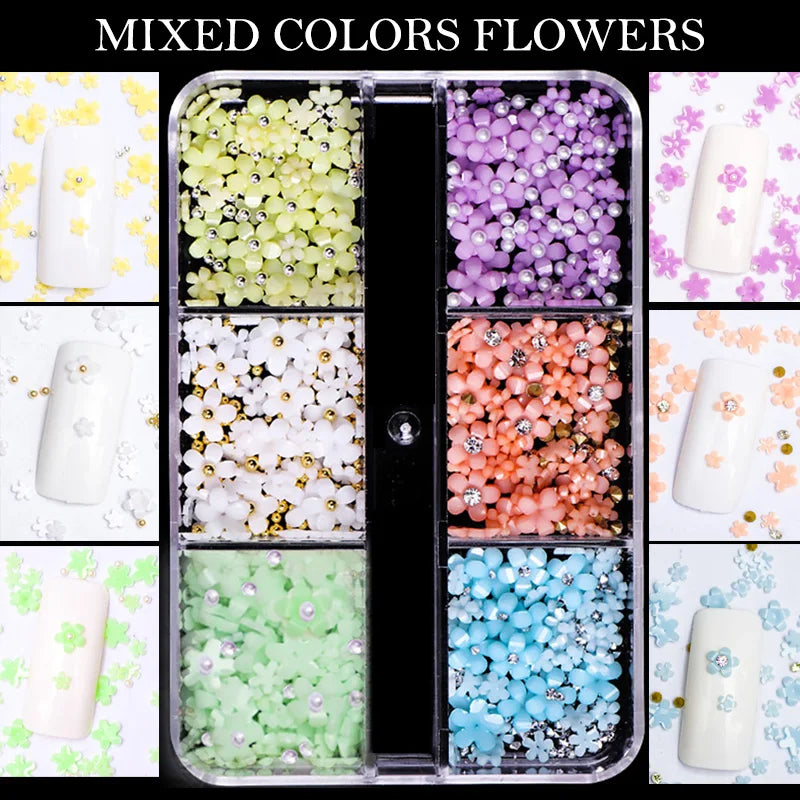 Hot Selling 6 Grids Macaron 3D Resin Five-petal Flowers Nail Art Deaoration Mixed Small Nail Ball/Crystal/Flamer Accessories Leedoar