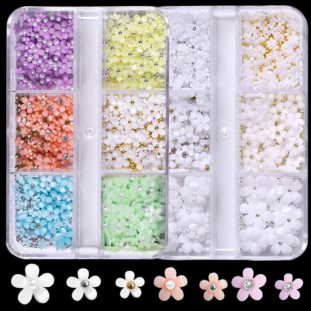 Hot Selling 6 Grids Macaron 3D Resin Five-petal Flowers Nail Art Deaoration Mixed Small Nail Ball/Crystal/Flamer Accessories Leedoar