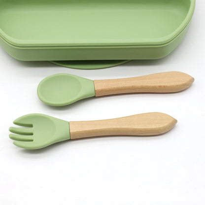 Hot selling food grade silicone wooden handle spoon and fork set for complementary food feeding training spoon and fork Leedoar