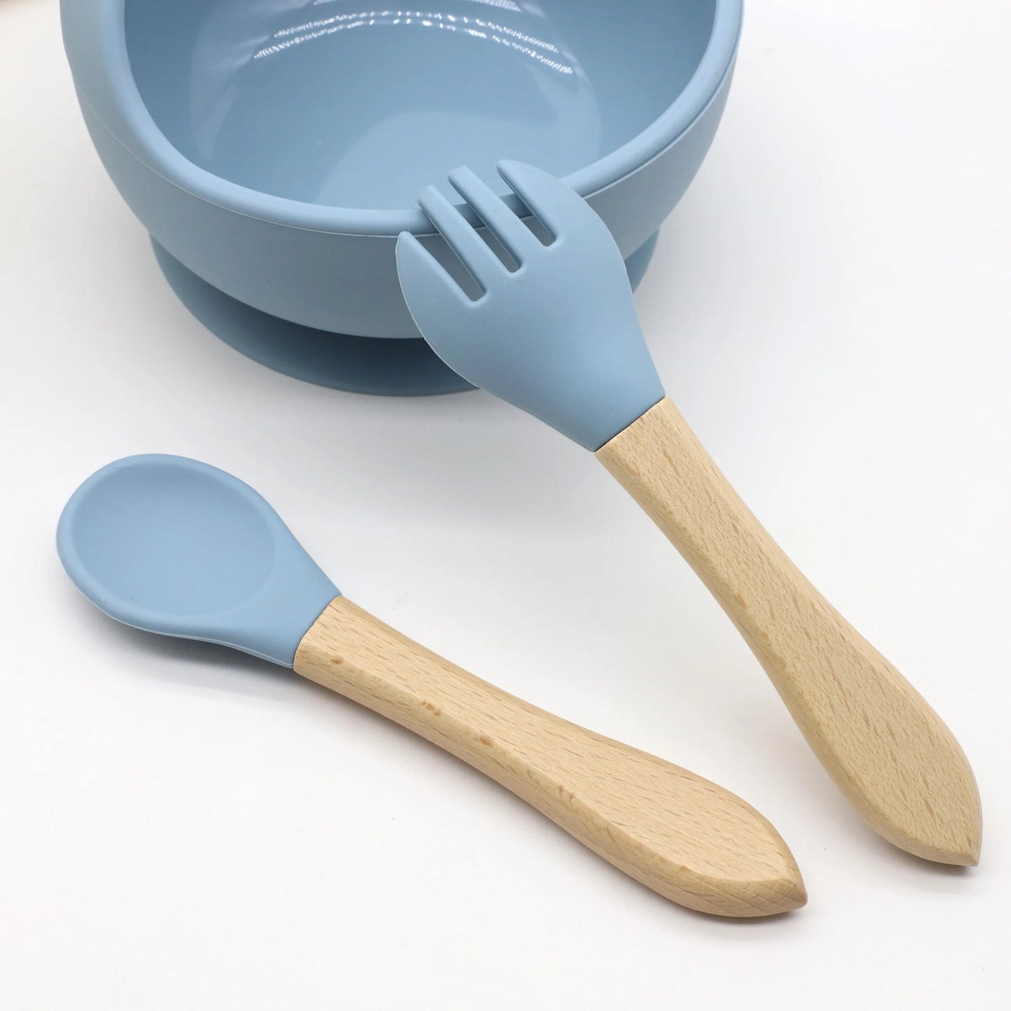 Hot selling food grade silicone wooden handle spoon and fork set for complementary food feeding training spoon and fork Leedoar