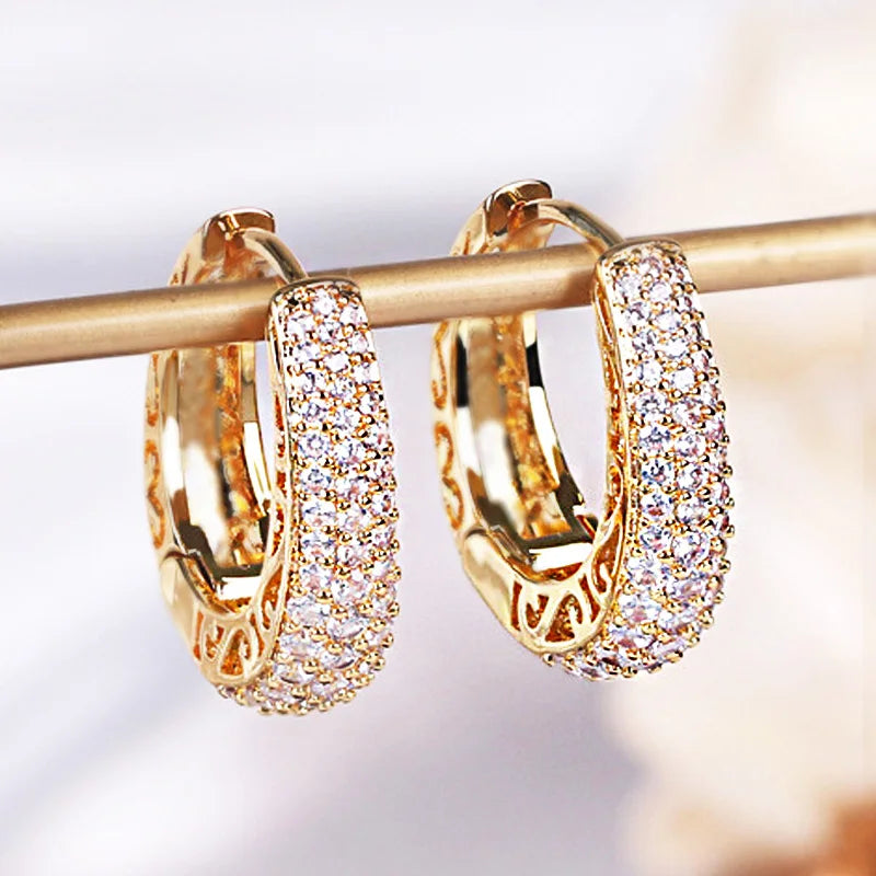 Huitan Hollow Gold Color Hoop Earrings for Women Paved Dazzling CZ Stone Luxury Trendy Female Circle Earrings Statement Jewelry Leedoar