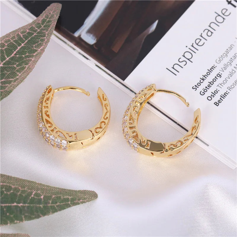 Huitan Hollow Gold Color Hoop Earrings for Women Paved Dazzling CZ Stone Luxury Trendy Female Circle Earrings Statement Jewelry Leedoar
